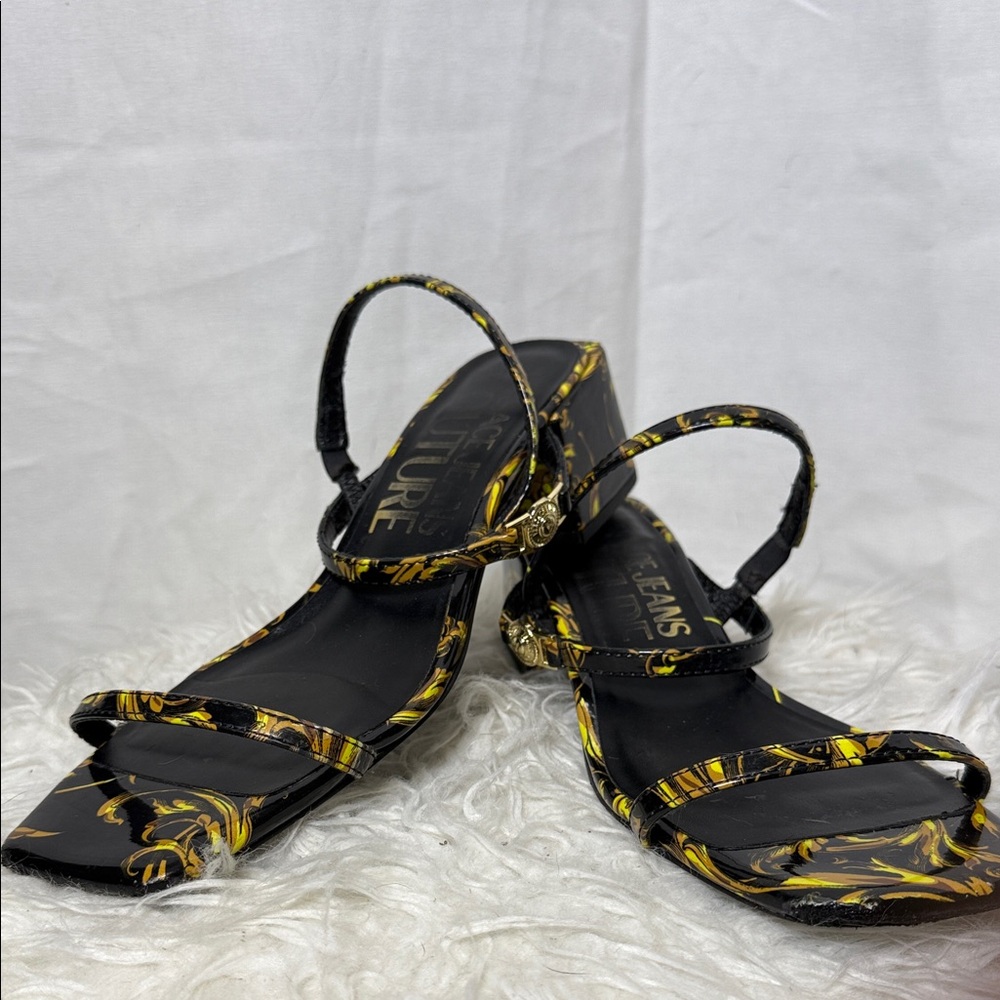 Versace Jeans Couture Baroque Black and Gold Heeled Sandals size 38